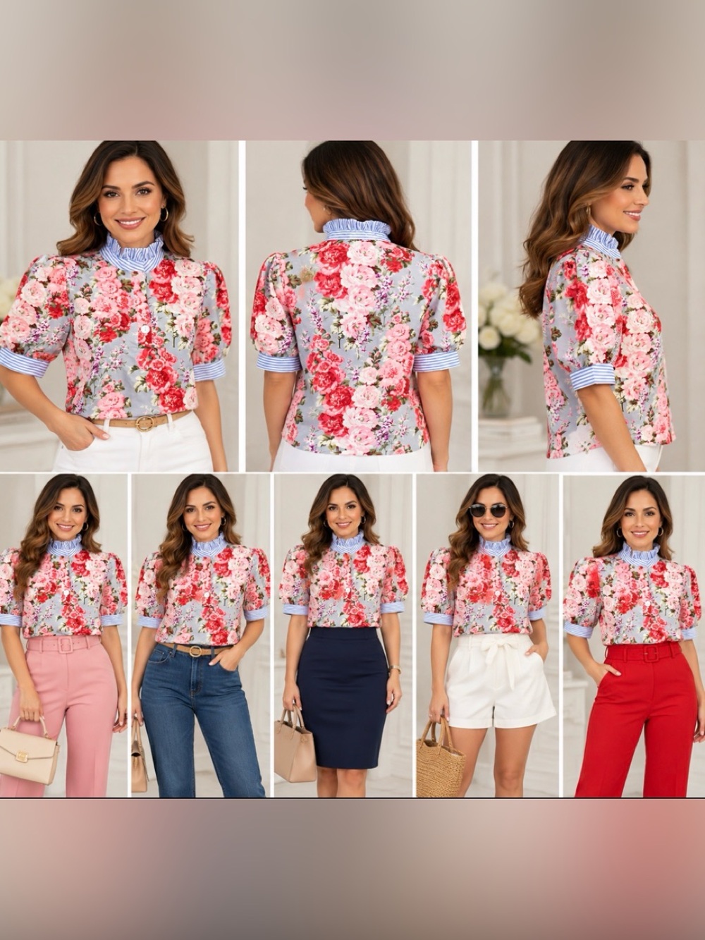 Women’s Floral Ruffle Neck Blouse – Pink & Gray